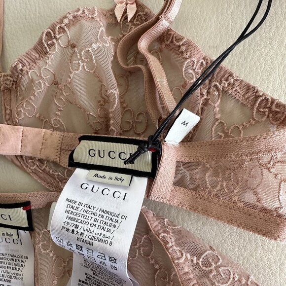 NWT GUCCI LINGERIE SET PINK GG TULLE LACE BOWS NECK AROUND HALTER BRA SET - Picture 8 of 10